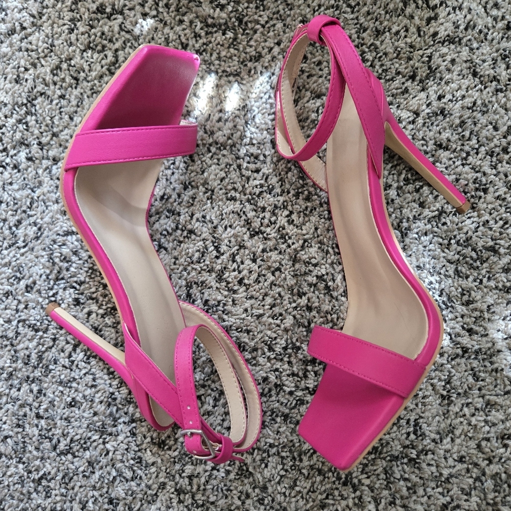 FREE W/ Any Purchase Hot Pink Stiletto Heels | Size 8 | Square Toe | Ankle Strap - Picture 4 of 5